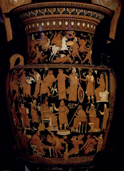 Apulian Red-Figure Volute-Crater Decorated with Scenes of a Persian King and His Advisers Listening to a Messenger, a Personification of Greece and Asia Before Zeus and the Emperor